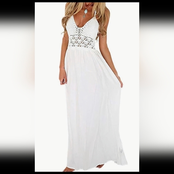 Lil Better Dresses & Skirts - Elegant NWT Beautiful bright white maxi dress w/ v neck. Intricate soft crochet.